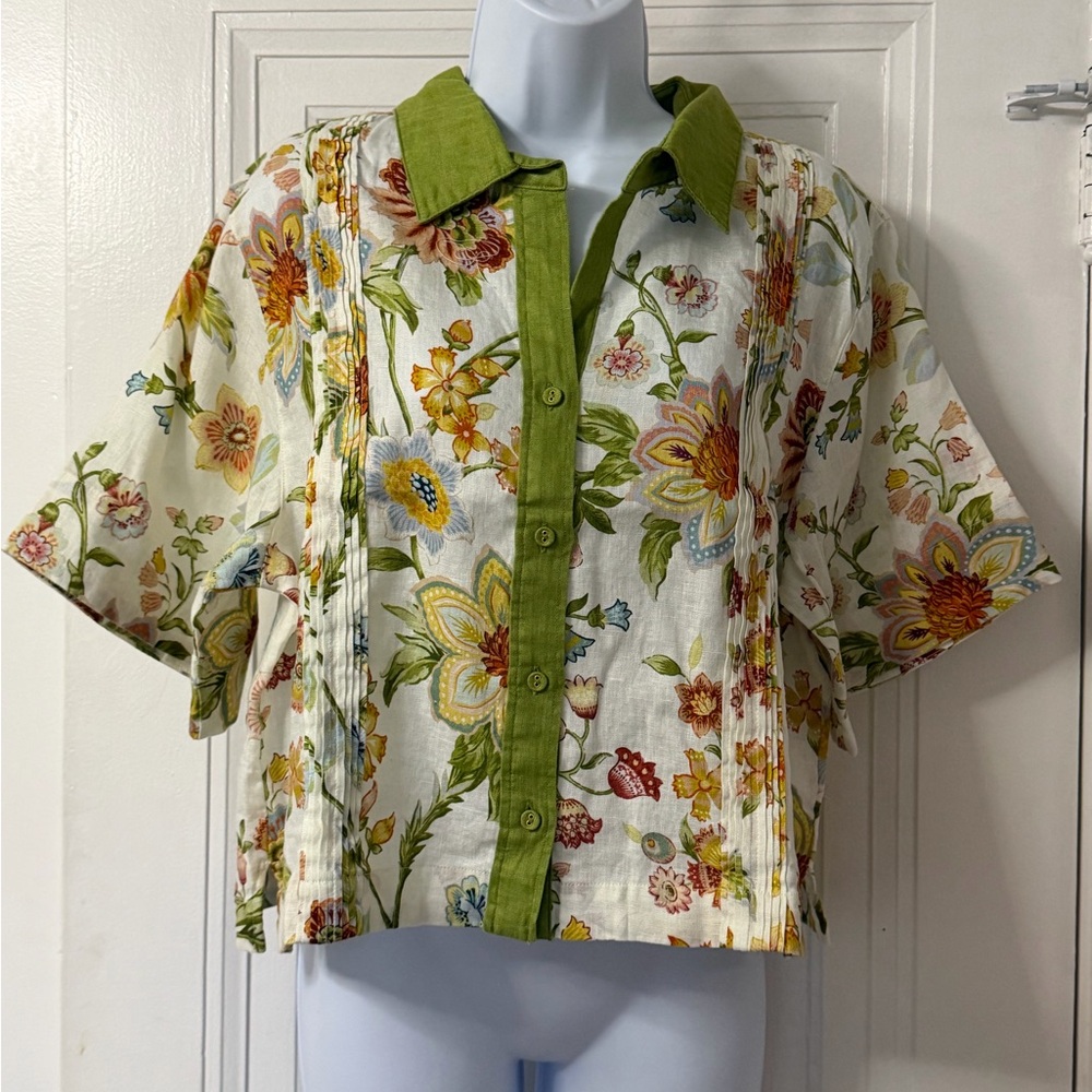 Magaschoni 100% linen button-up blouse featuring a multi-floral print Large New